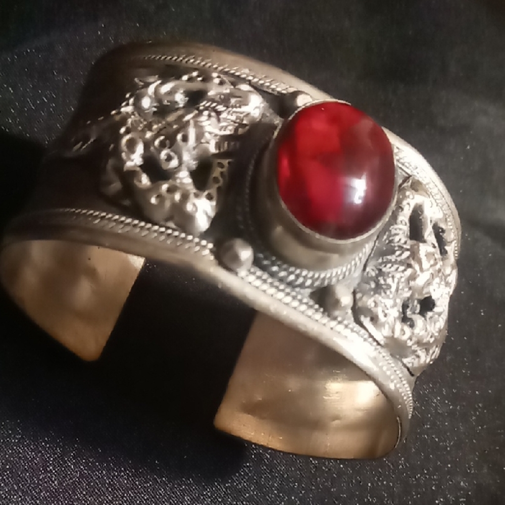 Vintage Turkmen Ersari Tribal Cuff Bracelet with Red Glass Gemstone.